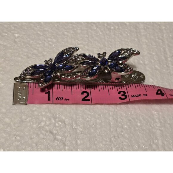 Silver Tone Butterfly Hair Clip Barrette Purple & Blue Gemstone Accents Elegant - Picture 4 of 4